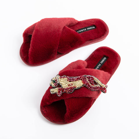 Bobbi Parka fluffy faux fur slippers with a panther brooch - Bobbi Parka