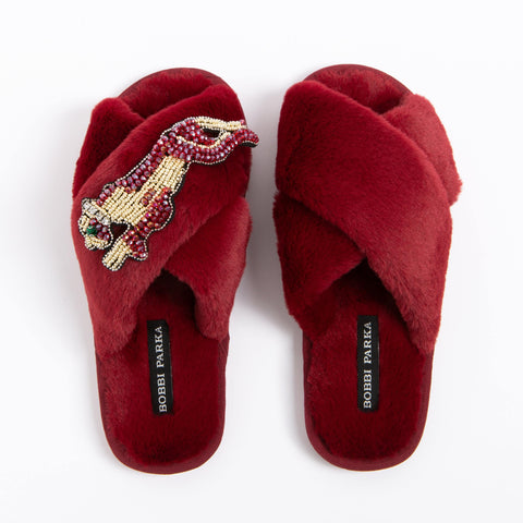 Bobbi Parka fluffy faux fur slippers with a panther brooch - Bobbi Parka