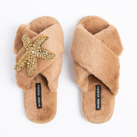 Bobbi Parka fluffy faux fur slippers with a crystal gold starfish brooch - Bobbi Parka