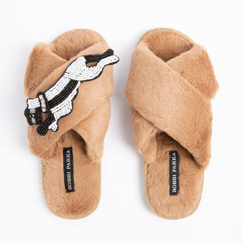 Bobbi Parka fluffy faux fur slippers with a panther brooch - Bobbi Parka