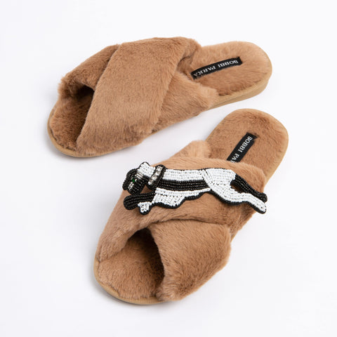 Bobbi Parka fluffy faux fur slippers with a panther brooch - Bobbi Parka