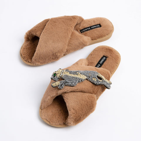 Bobbi Parka fluffy faux fur slippers with a panther brooch - Bobbi Parka