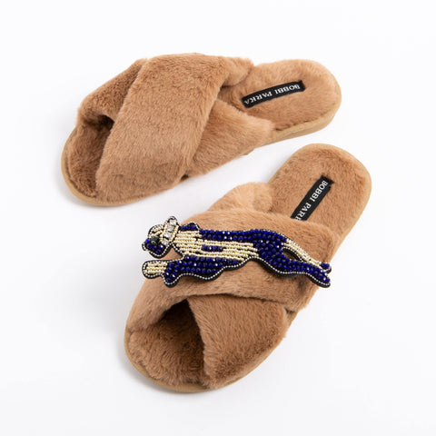 Bobbi Parka fluffy faux fur slippers with a panther brooch - Bobbi Parka