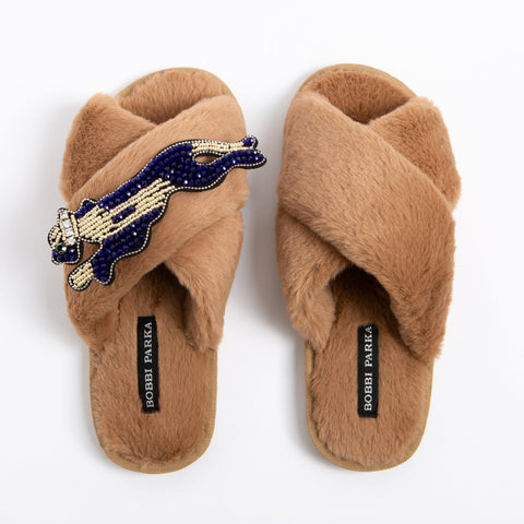 Bobbi Parka fluffy faux fur slippers with a panther brooch - Bobbi Parka