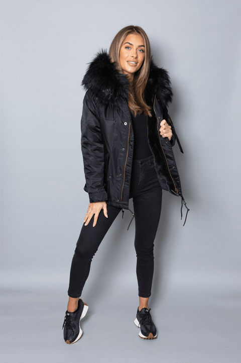 Womens Real Look Faux Fur Parka with Black Faux Fur - Bobbi Parka