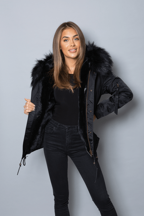 Womens Real Look Faux Fur Parka with Black Faux Fur - Bobbi Parka