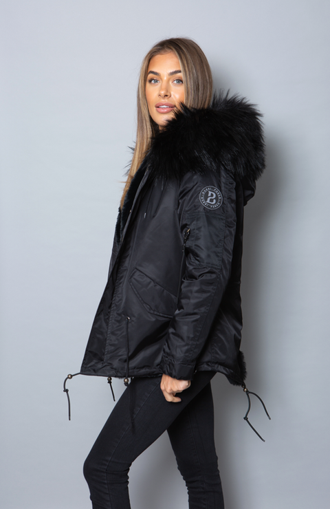 Womens Real Look Faux Fur Parka with Black Faux Fur - Bobbi Parka