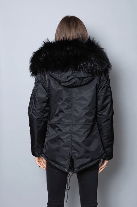 Womens Real Look Faux Fur Parka with Black Faux Fur - Bobbi Parka