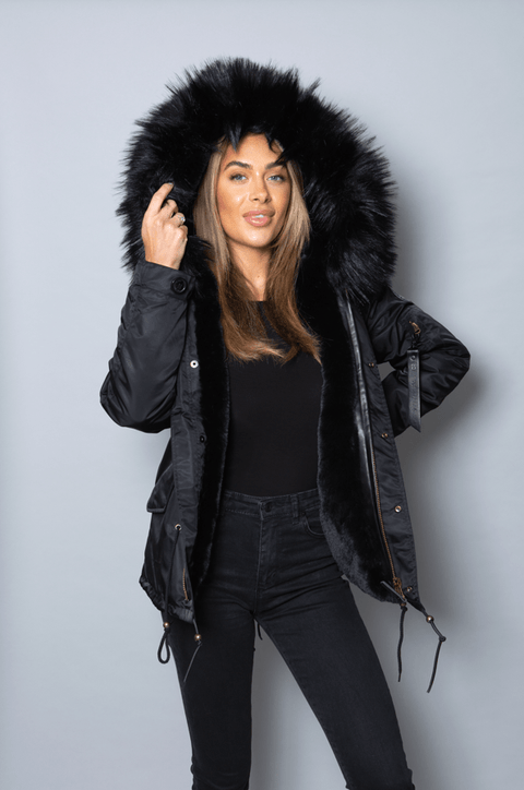 Womens Real Look Faux Fur Parka with Black Faux Fur - Bobbi Parka