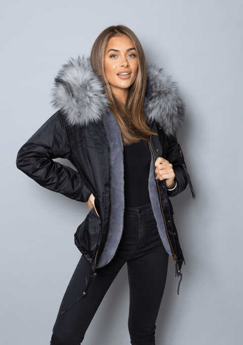 Womens Real Look Faux Fur Parka with Grey Faux Fur - Bobbi Parka