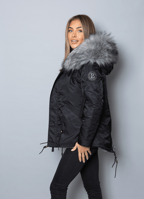 Womens Real Look Faux Fur Parka with Grey Faux Fur - Bobbi Parka