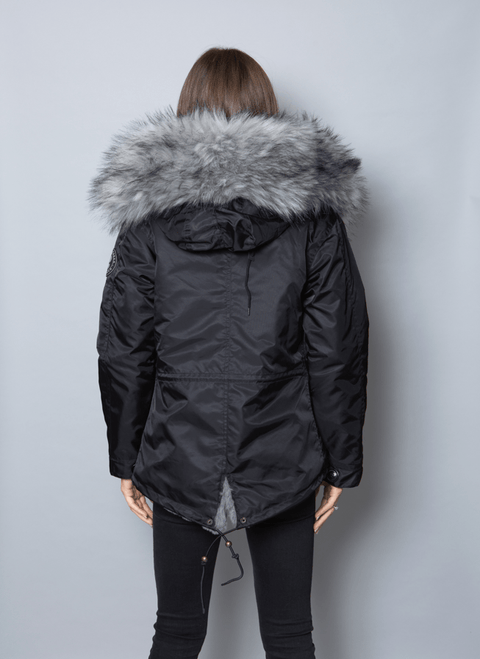 Womens Real Look Faux Fur Parka with Grey Faux Fur - Bobbi Parka