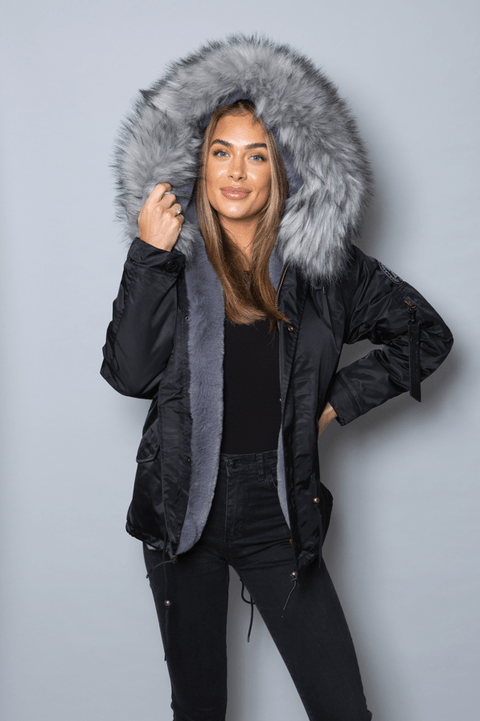 Womens Real Look Faux Fur Parka with Grey Faux Fur - Bobbi Parka