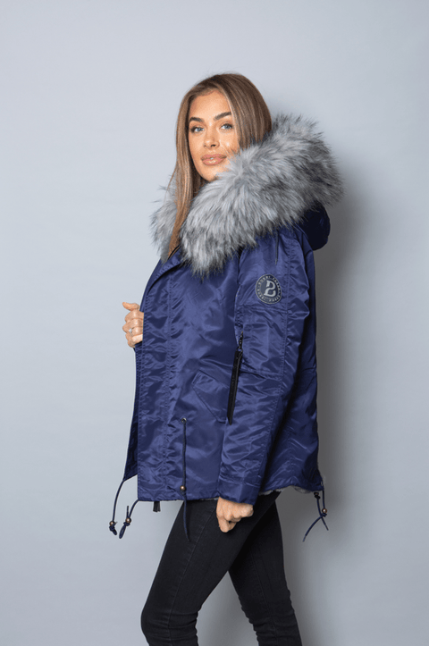 Womens Real Look Faux Fur Parka with Grey Faux Fur - Bobbi Parka