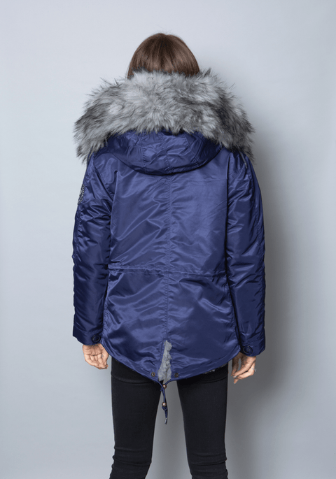 Womens Real Look Faux Fur Parka with Grey Faux Fur - Bobbi Parka