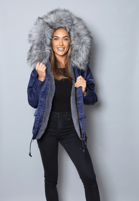 Womens Real Look Faux Fur Parka with Grey Faux Fur - Bobbi Parka