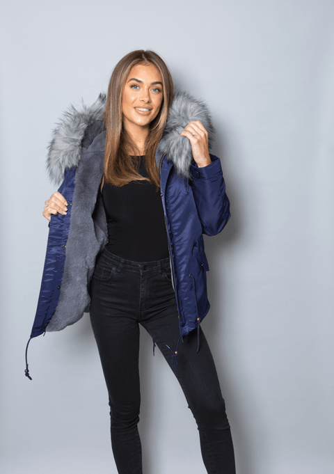 Womens Real Look Faux Fur Parka with Grey Faux Fur - Bobbi Parka