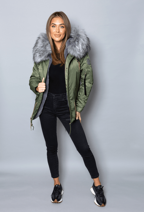 Womens Real Look Faux Fur Parka with Grey Faux Fur - Bobbi Parka