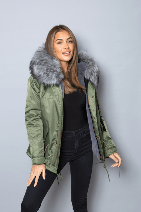 Womens Real Look Faux Fur Parka with Grey Faux Fur - Bobbi Parka