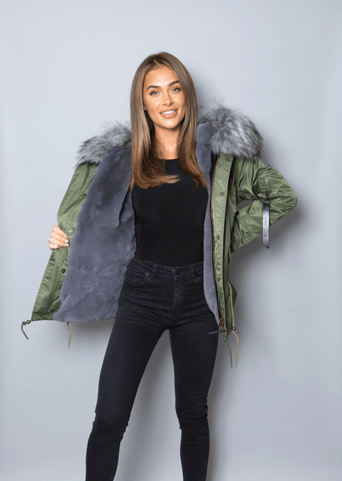 Womens Real Look Faux Fur Parka with Grey Faux Fur - Bobbi Parka