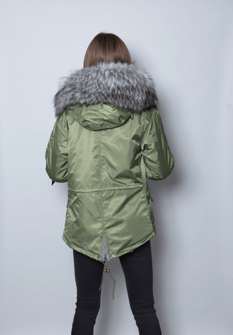 Womens Real Look Faux Fur Parka with Grey Faux Fur - Bobbi Parka