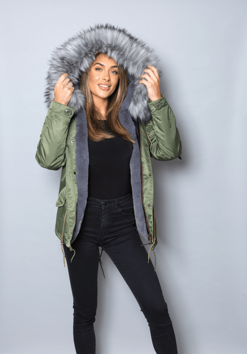 Womens Real Look Faux Fur Parka with Grey Faux Fur - Bobbi Parka