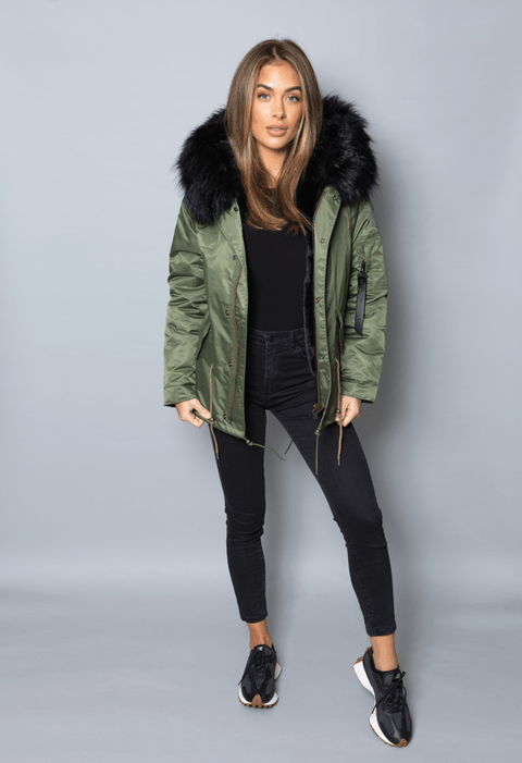 Womens Real Look Faux Fur Parka with Black Faux Fur - Bobbi Parka