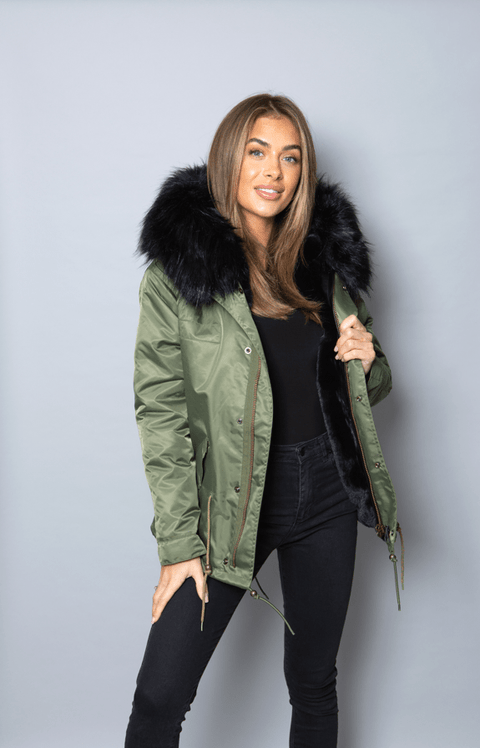 Womens Real Look Faux Fur Parka with Black Faux Fur - Bobbi Parka