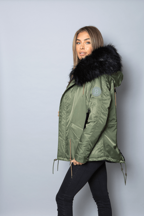 Womens Real Look Faux Fur Parka with Black Faux Fur - Bobbi Parka