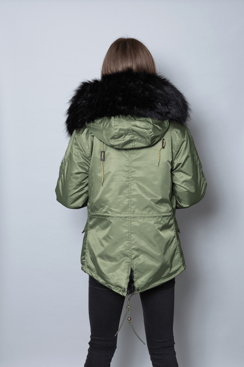 Womens Real Look Faux Fur Parka with Black Faux Fur - Bobbi Parka