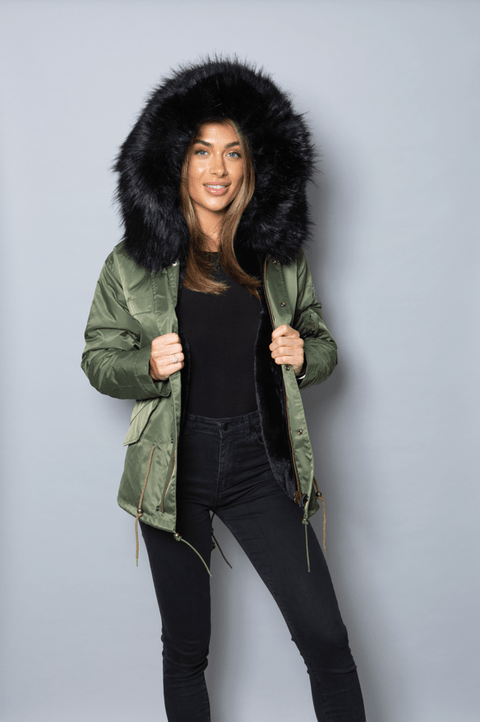 Womens Real Look Faux Fur Parka with Black Faux Fur - Bobbi Parka