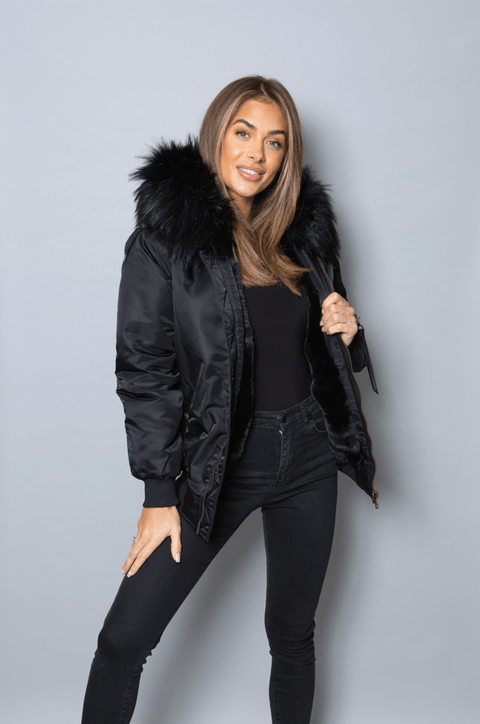 Sale Womens Real Look Faux Fur Bomber with Black Faux Fur