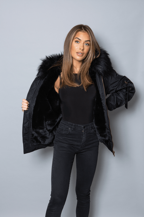 Womens Real Look Faux Fur Bomber with Black Faux Fur - Bobbi Parka
