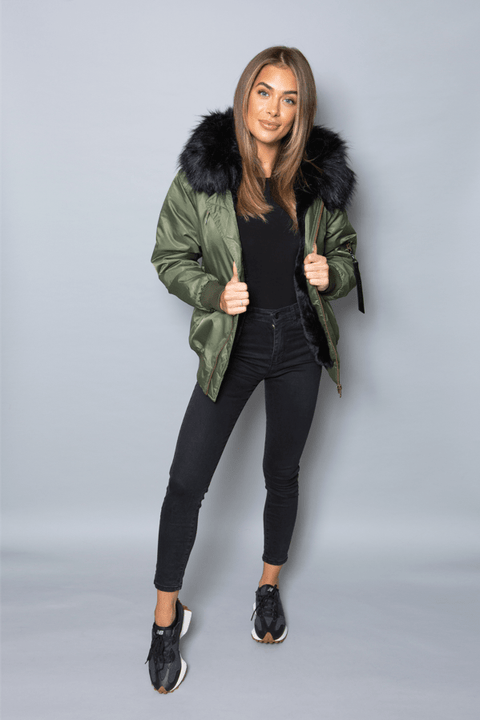 Womens Real Look Faux Fur Bomber with Black Faux Fur - Bobbi Parka