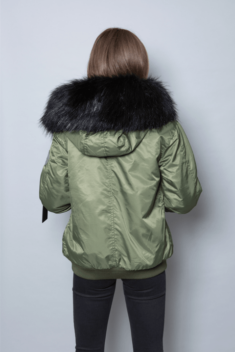 Womens Real Look Faux Fur Bomber with Black Faux Fur - Bobbi Parka