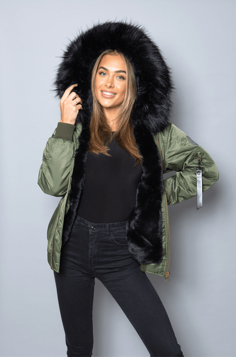 Womens Real Look Faux Fur Bomber with Black Faux Fur - Bobbi Parka