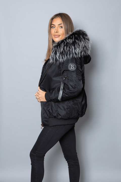 Womens Real Look Faux Fur Bomber with Black Faux Fur - Bobbi Parka
