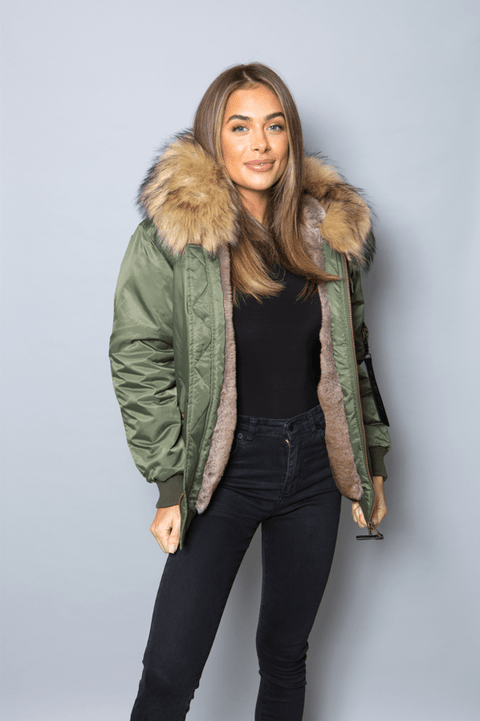 Womens Real Look Faux Fur Bomber with Natural Faux Fur - Bobbi Parka