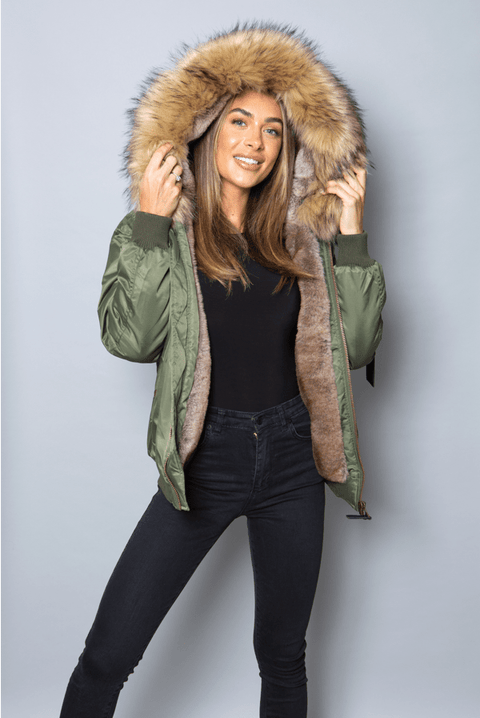 Womens Real Look Faux Fur Bomber with Natural Faux Fur - Bobbi Parka