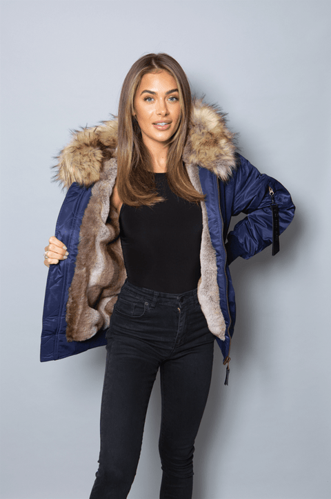 Womens Real Look Faux Fur Bomber with Natural Faux Fur - Bobbi Parka