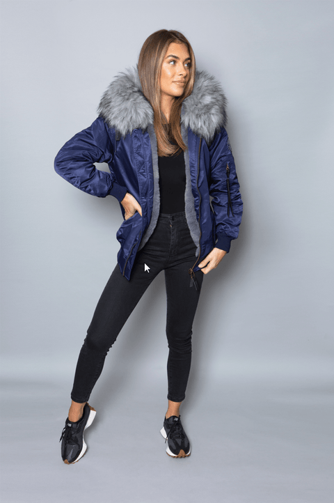 Womens Real Look Faux Fur Bomber with Grey Faux Fur - Bobbi Parka