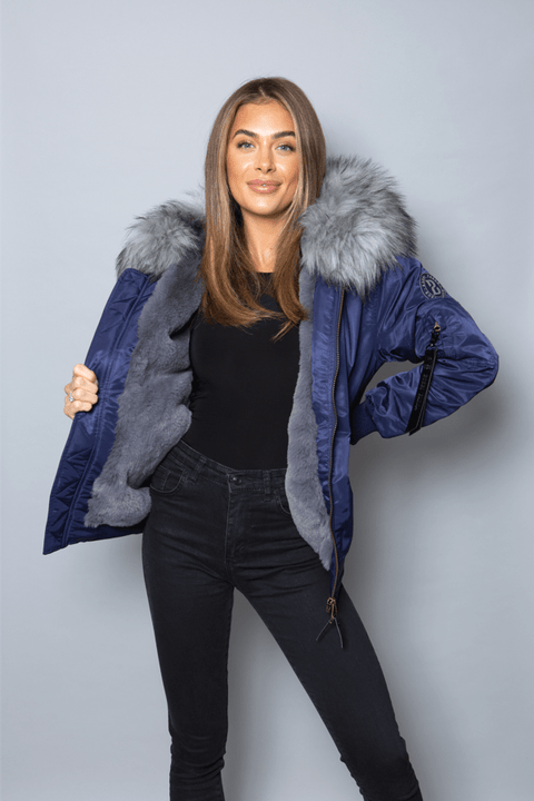 Womens Real Look Faux Fur Bomber with Grey Faux Fur - Bobbi Parka