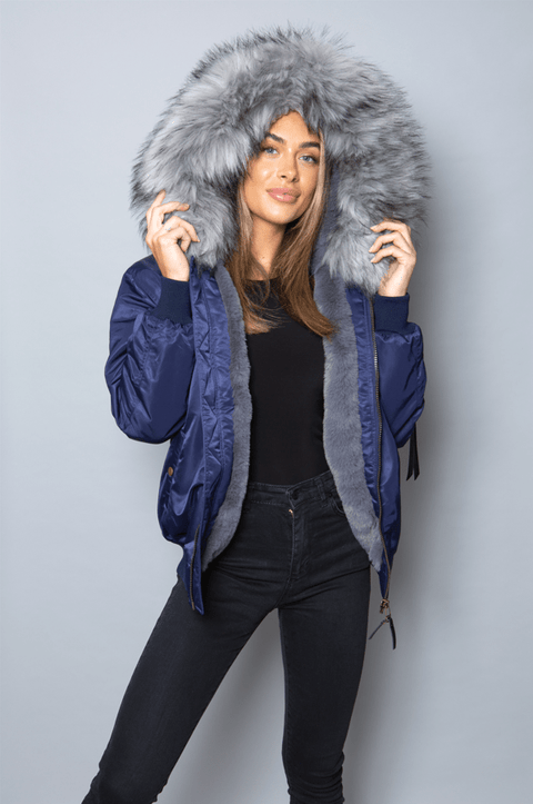 Womens Real Look Faux Fur Bomber with Grey Faux Fur - Bobbi Parka