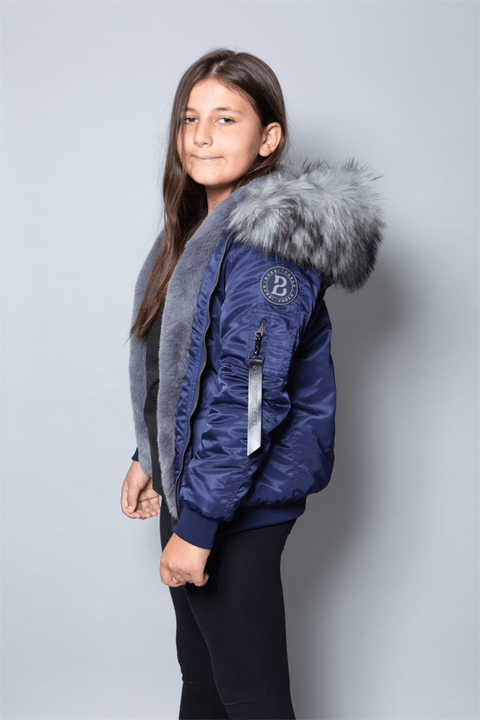 Kids Faux Fur Collar Bomber Jacket with Grey Faux Fur - Bobbi Parka