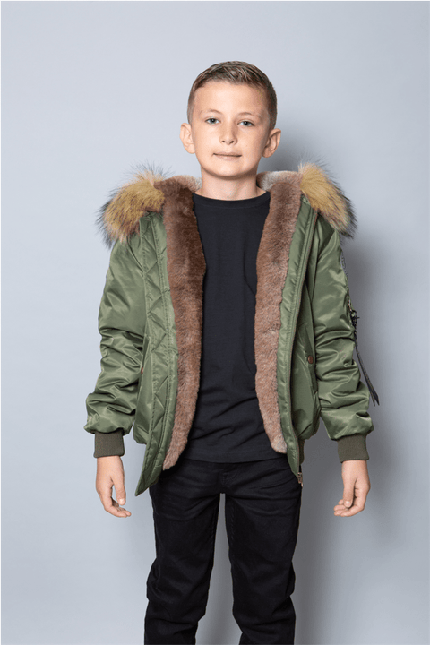Kids Faux Fur Collar Bomber Jacket with Natural Faux Fur - Bobbi Parka