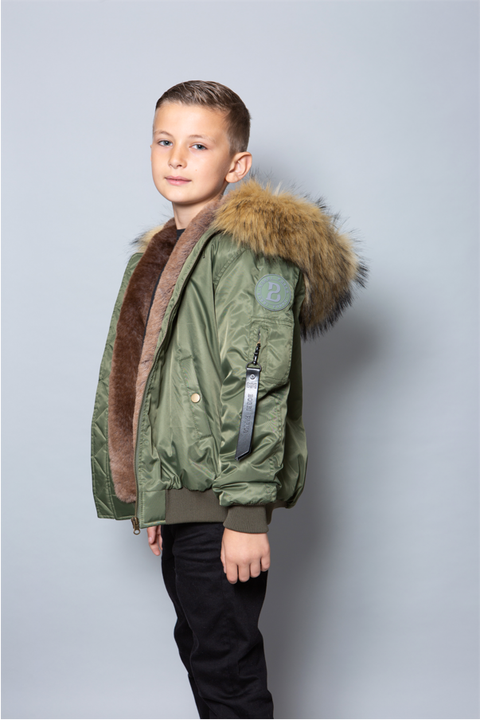 Kids Faux Fur Collar Bomber Jacket with Natural Faux Fur