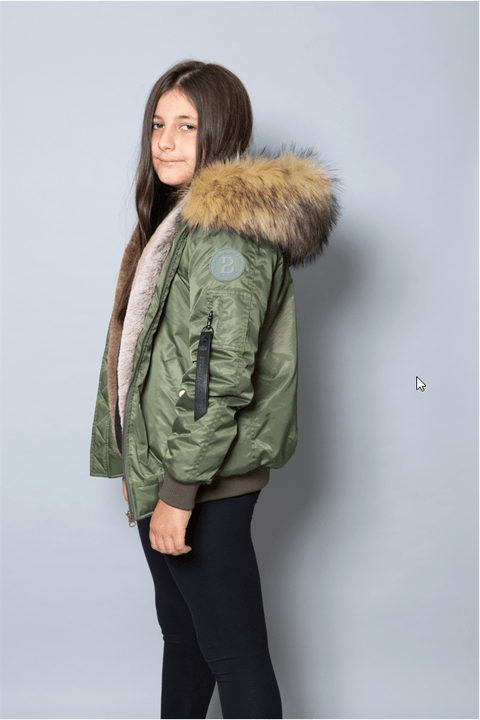 Kids Faux Fur Collar Bomber Jacket with Natural Faux Fur - Bobbi Parka