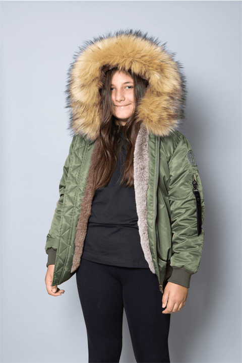 Kids Faux Fur Collar Bomber Jacket with Natural Faux Fur - Bobbi Parka