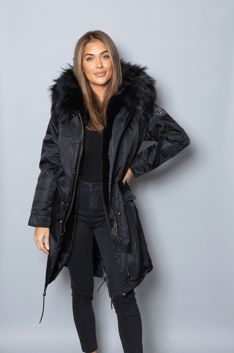 Sale Womens Real Look Faux Fur Collar Parka Jacket with Black Faux Fur Lining 3/4
