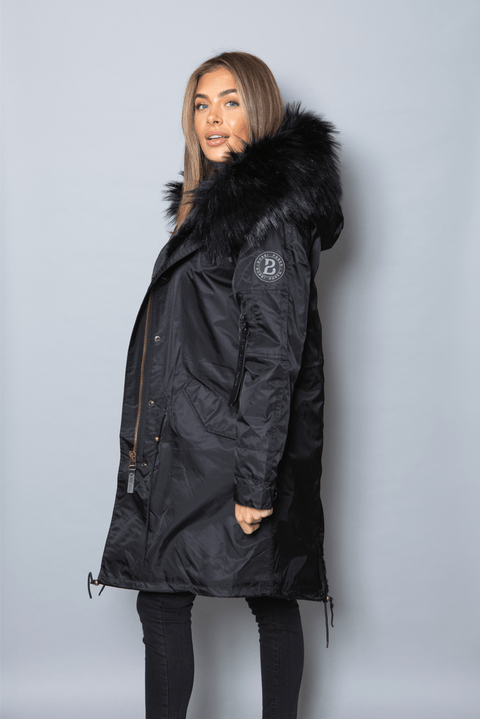 Womens Real Look Faux Fur Collar Parka Jacket with Black Faux Fur Lining 3/4 - Bobbi Parka